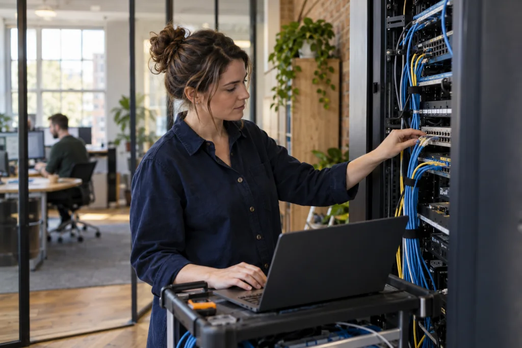 Illustrative scene of a technician maintaining a business network