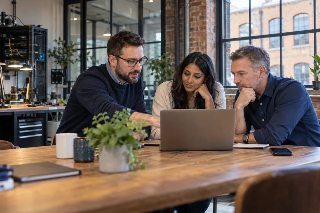 Illustrative scene of an IT specialist and business team working together in a bright office