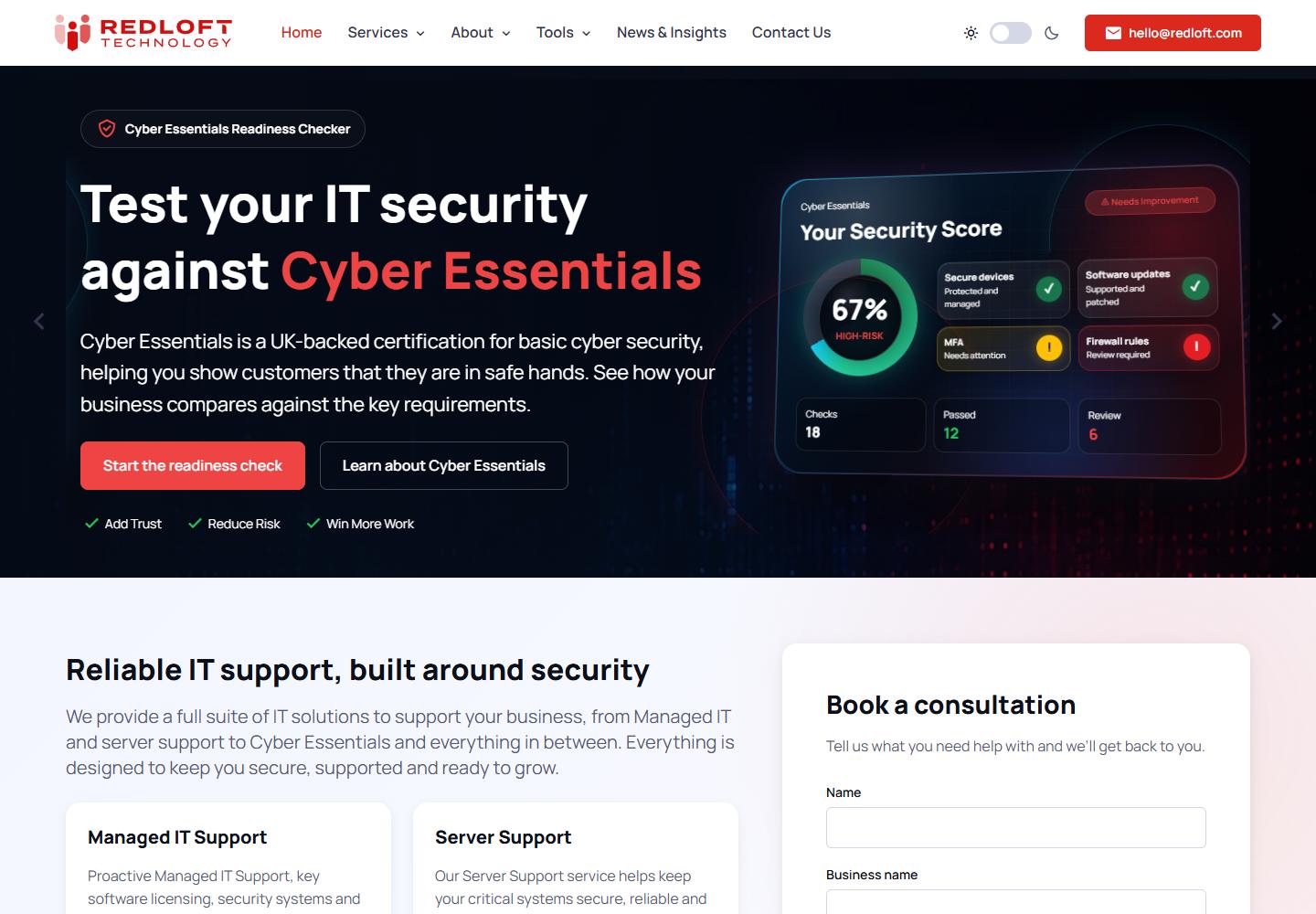 Redloft Technology homepage captured on 23 September 2026